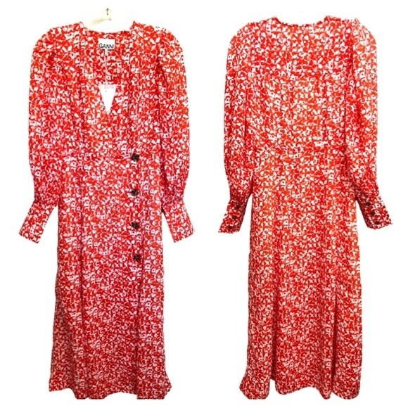 NWT Ganni Dress Abstract Floral Orange Dot Crepe Midi Size 2 - Picture 3 of 15
